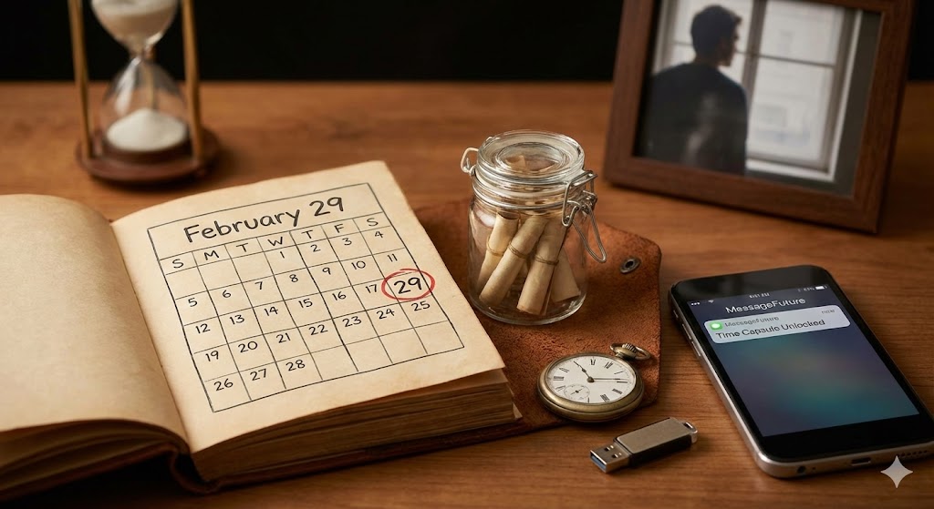 A calendar open to February 29 circled in red sitting on a wooden desk next to a smartphone displaying a MessageFuture time capsule notification and a glass jar filled with notes.