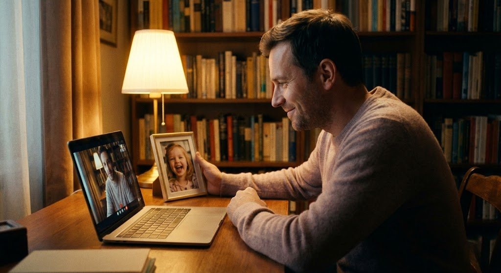 A warm, cinematic photograph of a father sitting in a dimly lit study, recording a video message on his laptop while looking fondly at a framed picture of his young daughter.