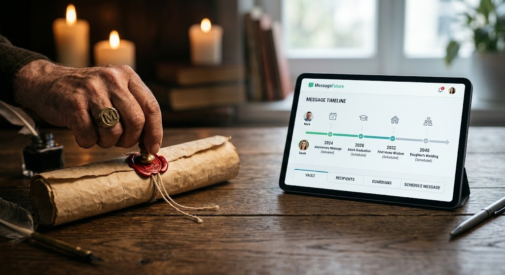 A conceptual, cinematic photograph representing the evolution of memory preservation. On the left side, the lighting is warm and candlelight, focusing on an antique hand wearing a signet ring, pressing a red wax seal onto a rolled parchment scroll. On the right side, seamlessly integrated, is a modern, sleek tablet in cool, natural daylight, displaying the MessageFuture dashboard with a stylized timeline showing message releases extending into the future. High resolution, shallow depth of field.