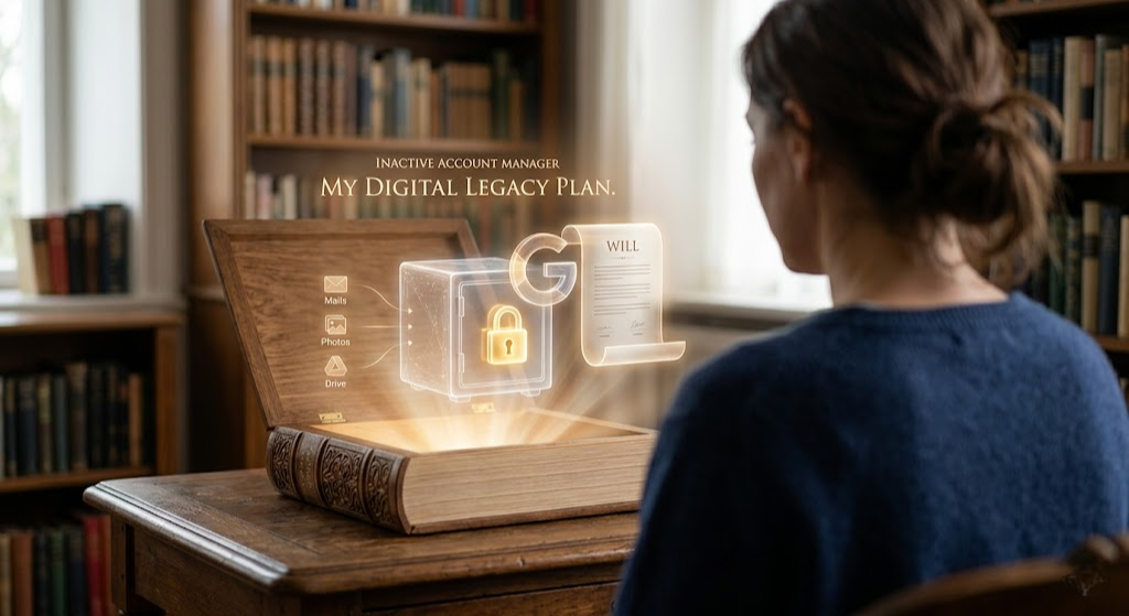 Unique visualization of a woman managing a Google Inactive Account as a secure digital will and legacy plan in a warm library.