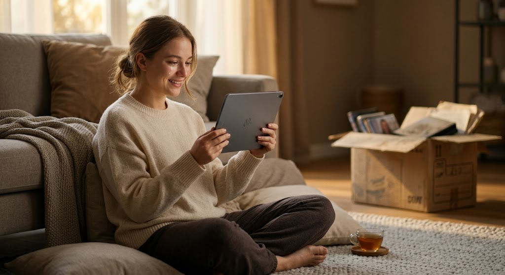 Young woman smiling while watching a secure digital video message from a loved one on a tablet.
