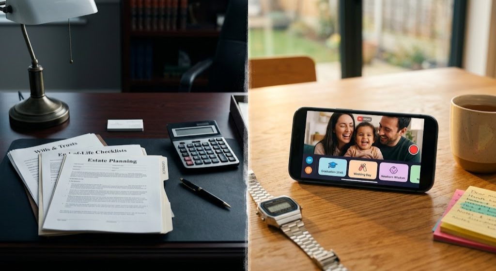A visual comparison between a cold, paper-based estate planning desk and a warm, modern digital time capsule application.