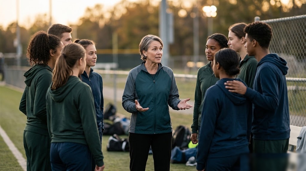 A female coach standing at the center of a circle of athletes on a sports field at dusk speaking to them with open hands