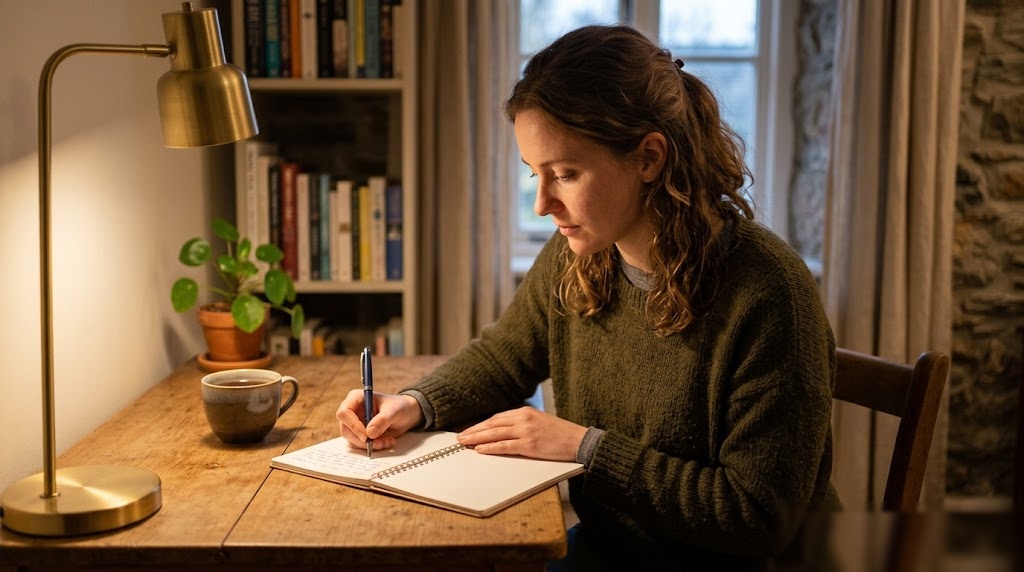 A young woman writing in a notebook at a wooden desk by lamplight with a mug of tea beside her in a quiet room