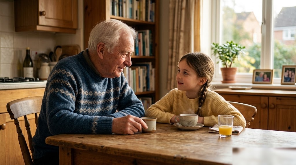 An elderly grandfather sitting at a kitchen table smiling warmly at his young granddaughter who looks up at him with curiosity