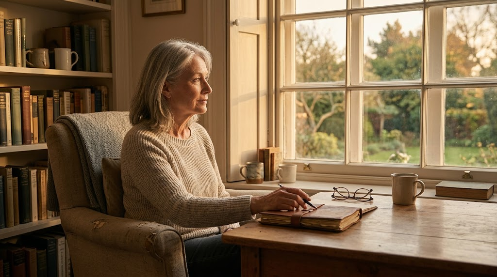 A person in a quiet, reflective moment, the kind where understanding crystallizes and life comes into focus