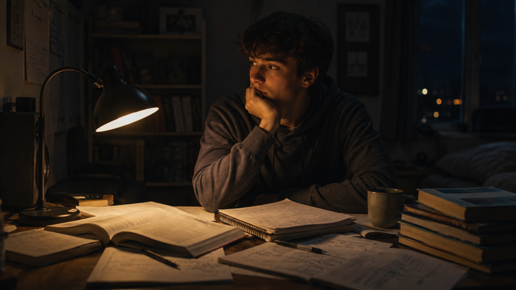 A student at a desk late at night, a warm lamp the only light, surrounded by notes in the quiet before a big exam