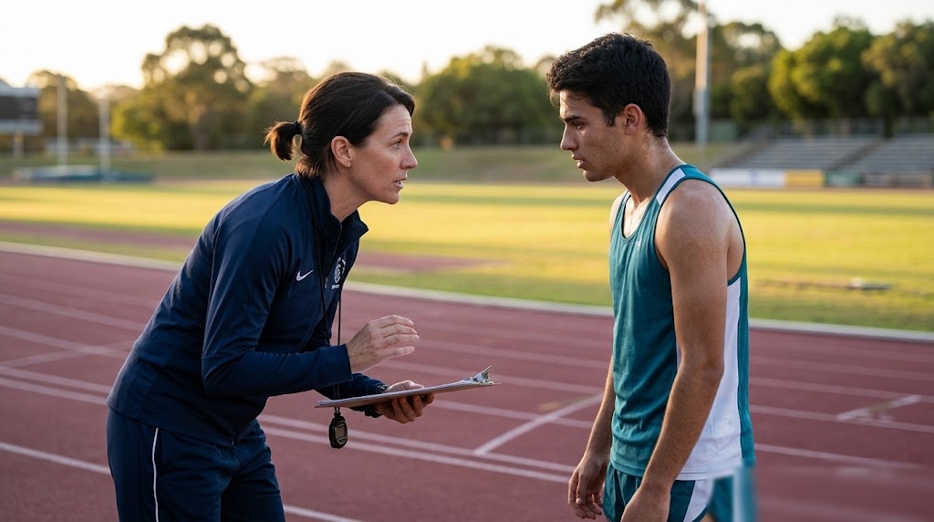 A female coach speaking earnestly to a young male track athlete on a running track at golden hour
