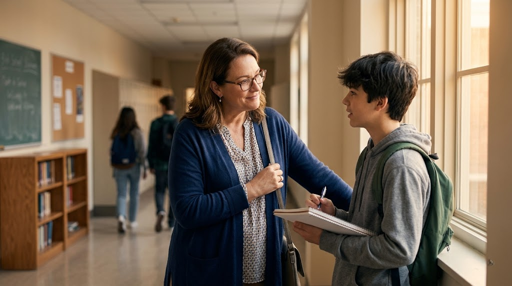 A teacher in quiet, focused conversation with a student, the kind of exchange that stays with someone for years