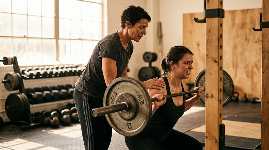 A trainer offering focused, personal support to a client during a workout session