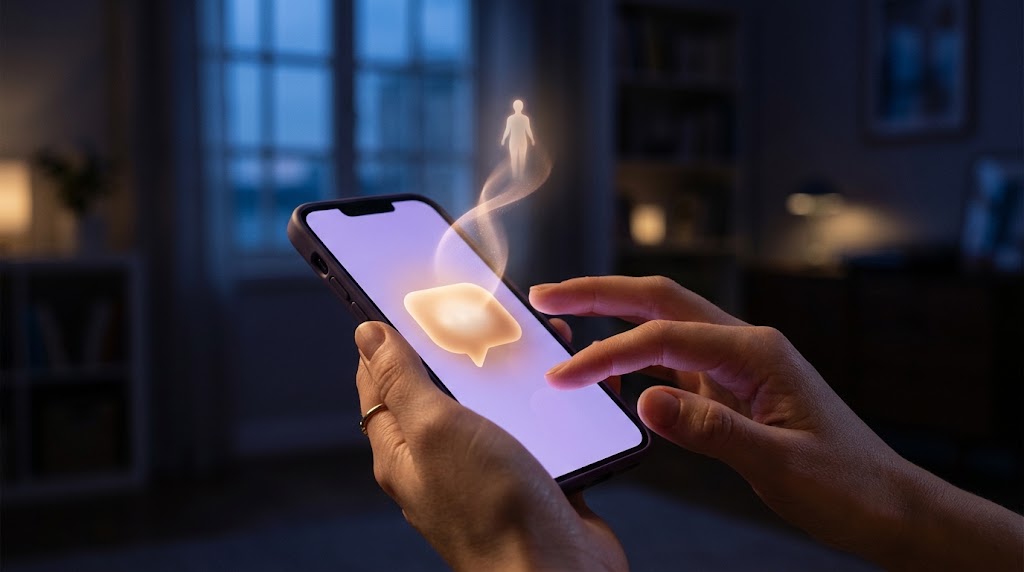 A person holding a phone with a glowing message and a faint figure rising from the screen, representing a conversation with an AI Twin