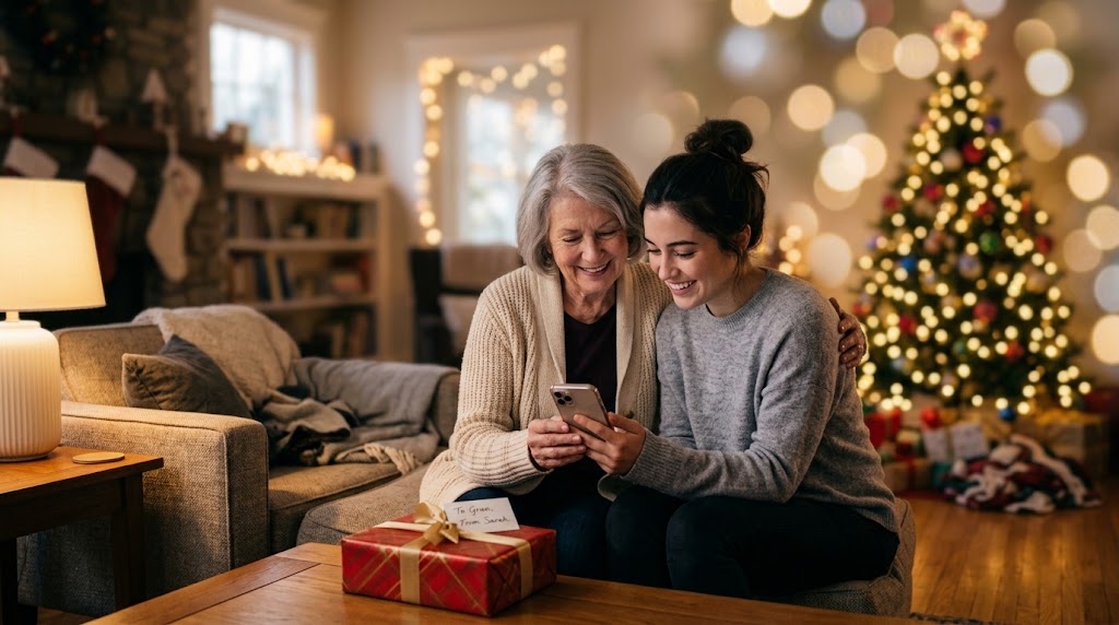Christmas gift for parents grandparents: a grandmother and grandchild looking at a phone together