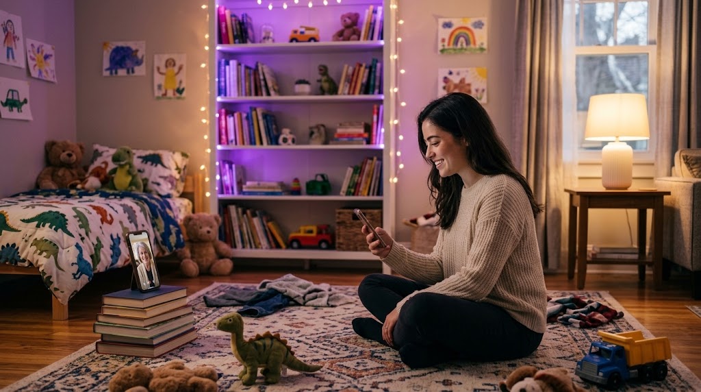 Questions to record for your children: a parent recording a video message at bedtime