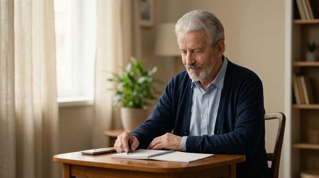 A person beginning to write a message, notebook and phone on the table