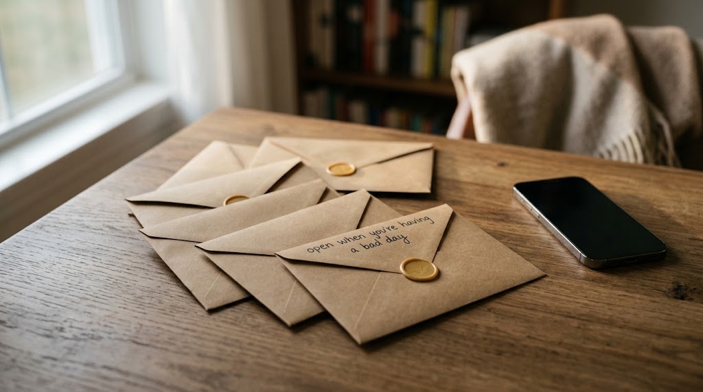 A stack of sealed Open When letters labeled with different occasions
